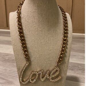 Large Vintage Hip Hop Gold Tone Love Script in Rhinestones Pendant Necklace